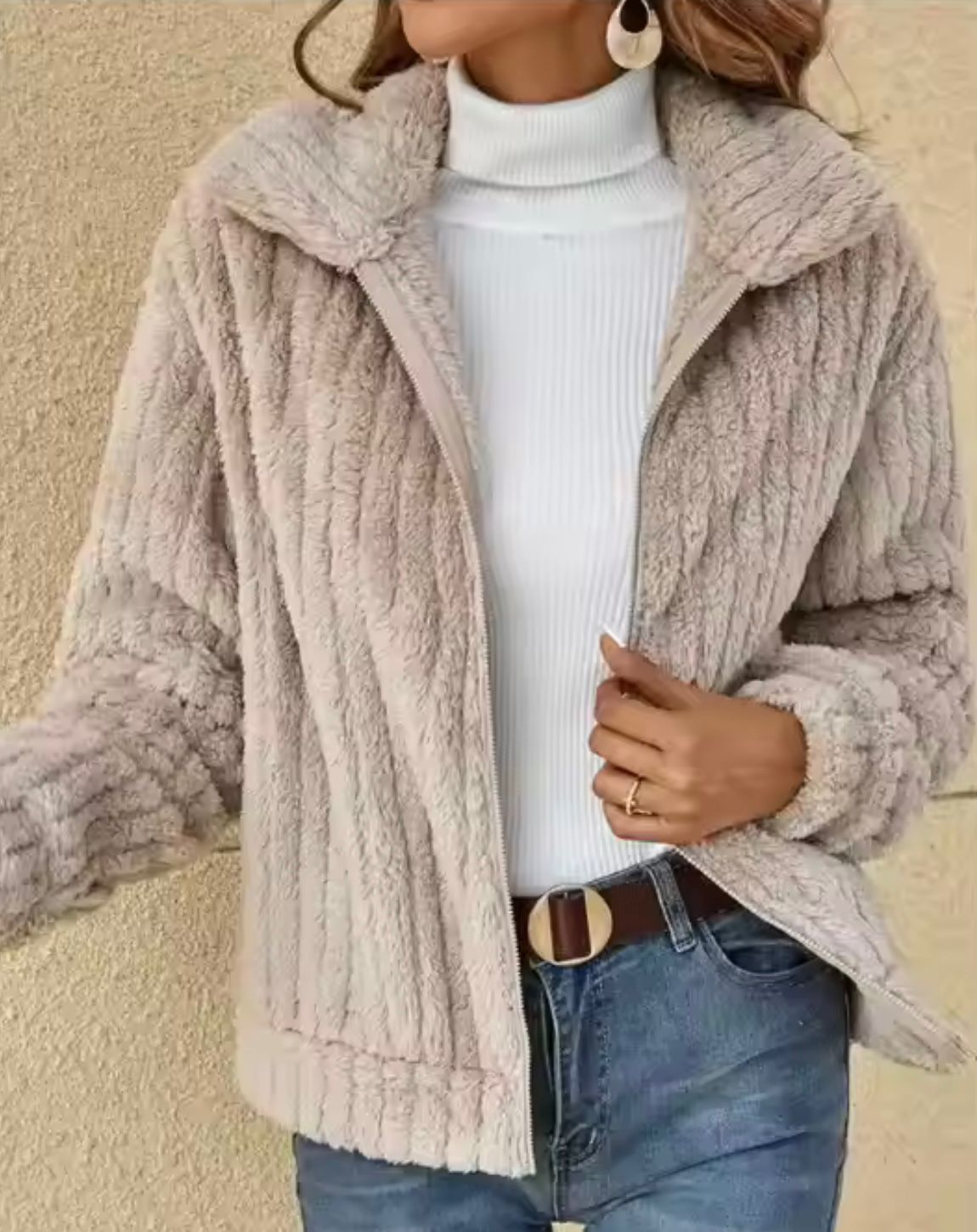 Gilet Hiver Femme Zippé Manches Longues En Polaire Côtelée