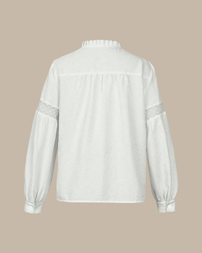 Chemisier Décontracté Blanc Texturé Élégant pour Femme – Haut à Manches Longues avec Patchwork en Dentelle Brodée