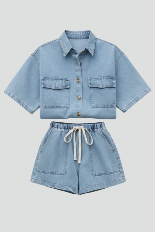Ensemble Denim Femme - Veste à Manches Courtes et Short Taille Haute