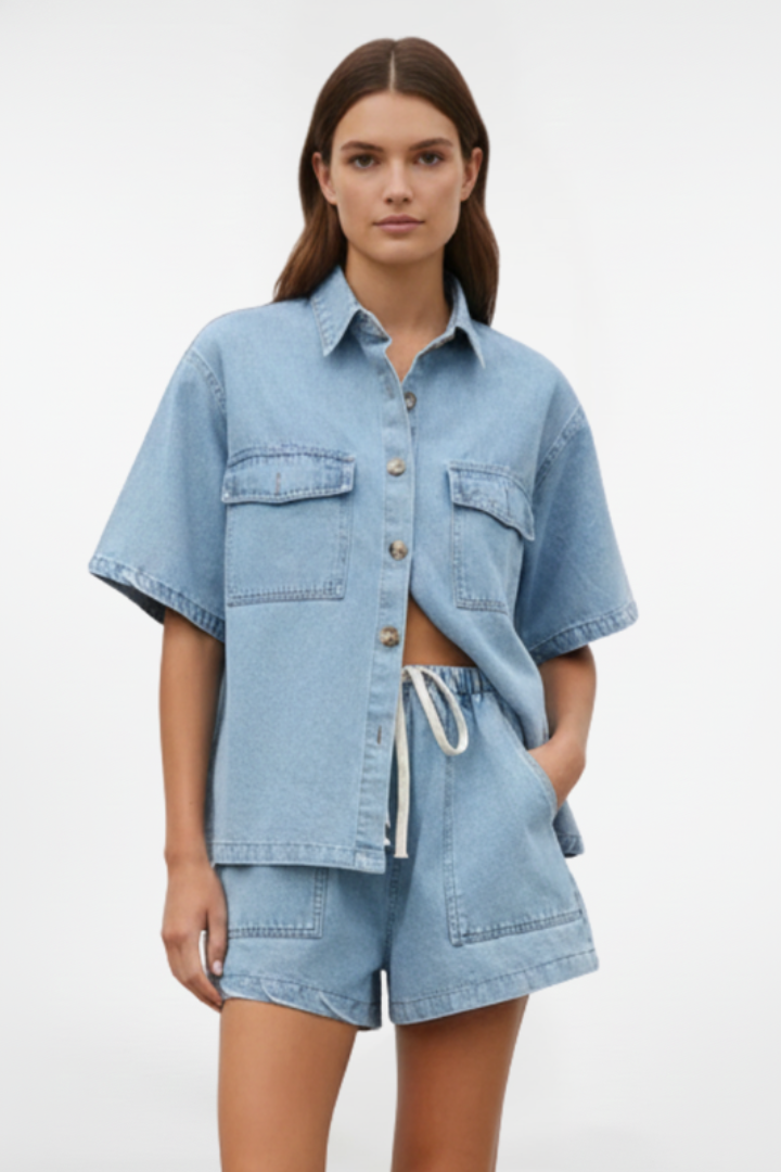 Ensemble Denim Femme - Veste à Manches Courtes et Short Taille Haute