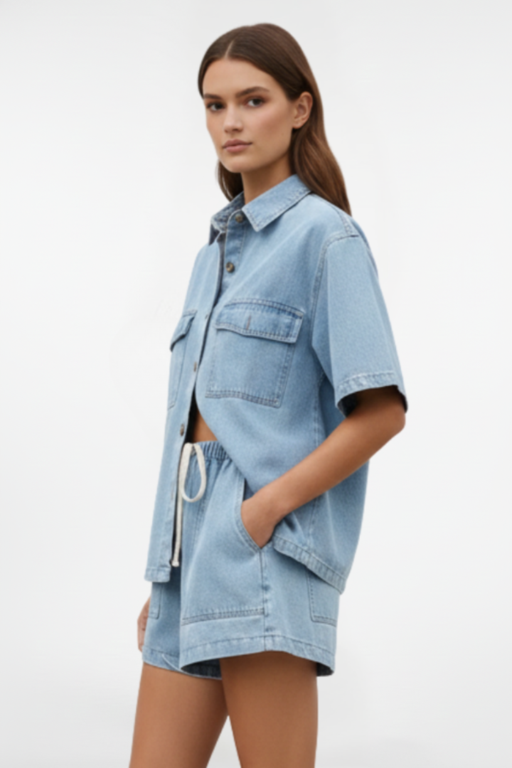 Ensemble Denim Femme - Veste à Manches Courtes et Short Taille Haute