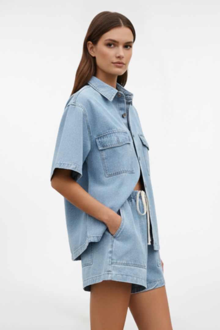 Ensemble Denim Femme - Veste à Manches Courtes et Short Taille Haute