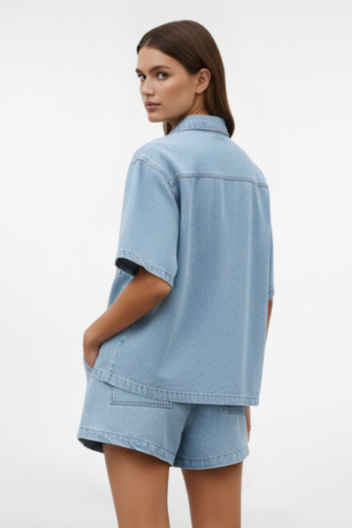 Ensemble Denim Femme - Veste à Manches Courtes et Short Taille Haute