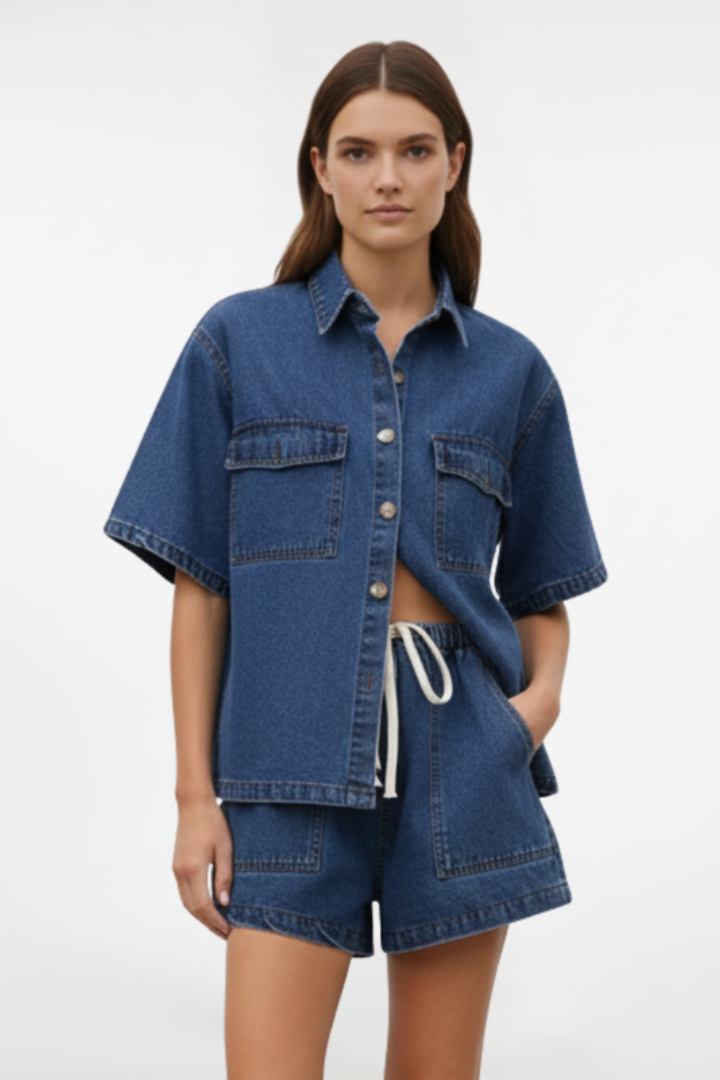 Ensemble Denim Femme - Veste à Manches Courtes et Short Taille Haute