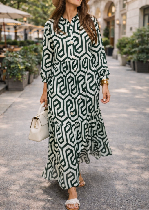 Robe longue géométrique à manches longues pour femme – Style fluide, élégant et décontracté