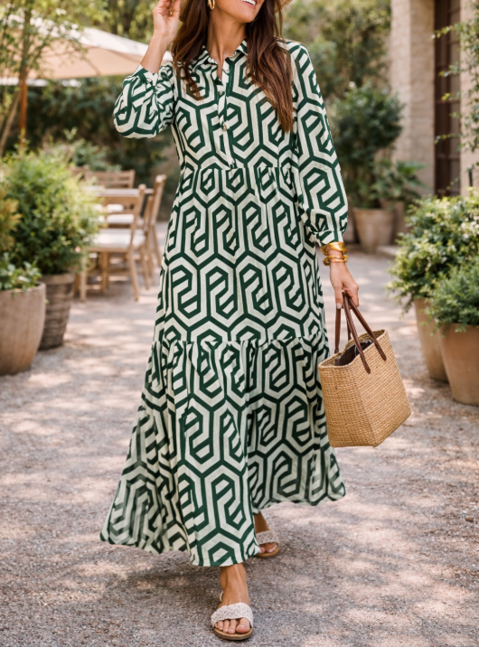 Robe longue géométrique à manches longues pour femme – Style fluide, élégant et décontracté