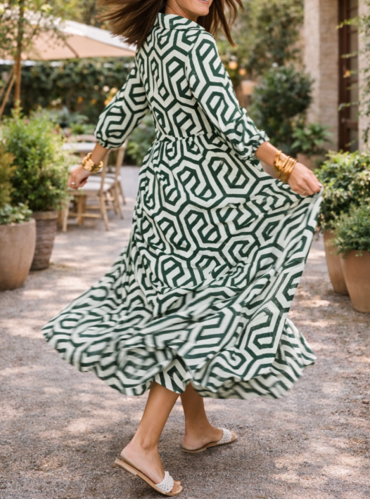 Robe longue géométrique à manches longues pour femme – Style fluide, élégant et décontracté
