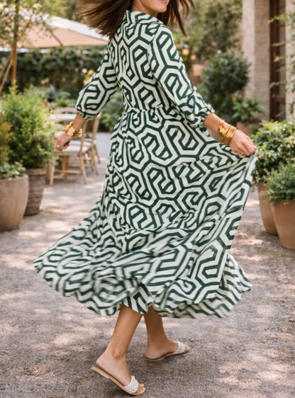 Robe longue géométrique à manches longues pour femme – Style fluide, élégant et décontracté