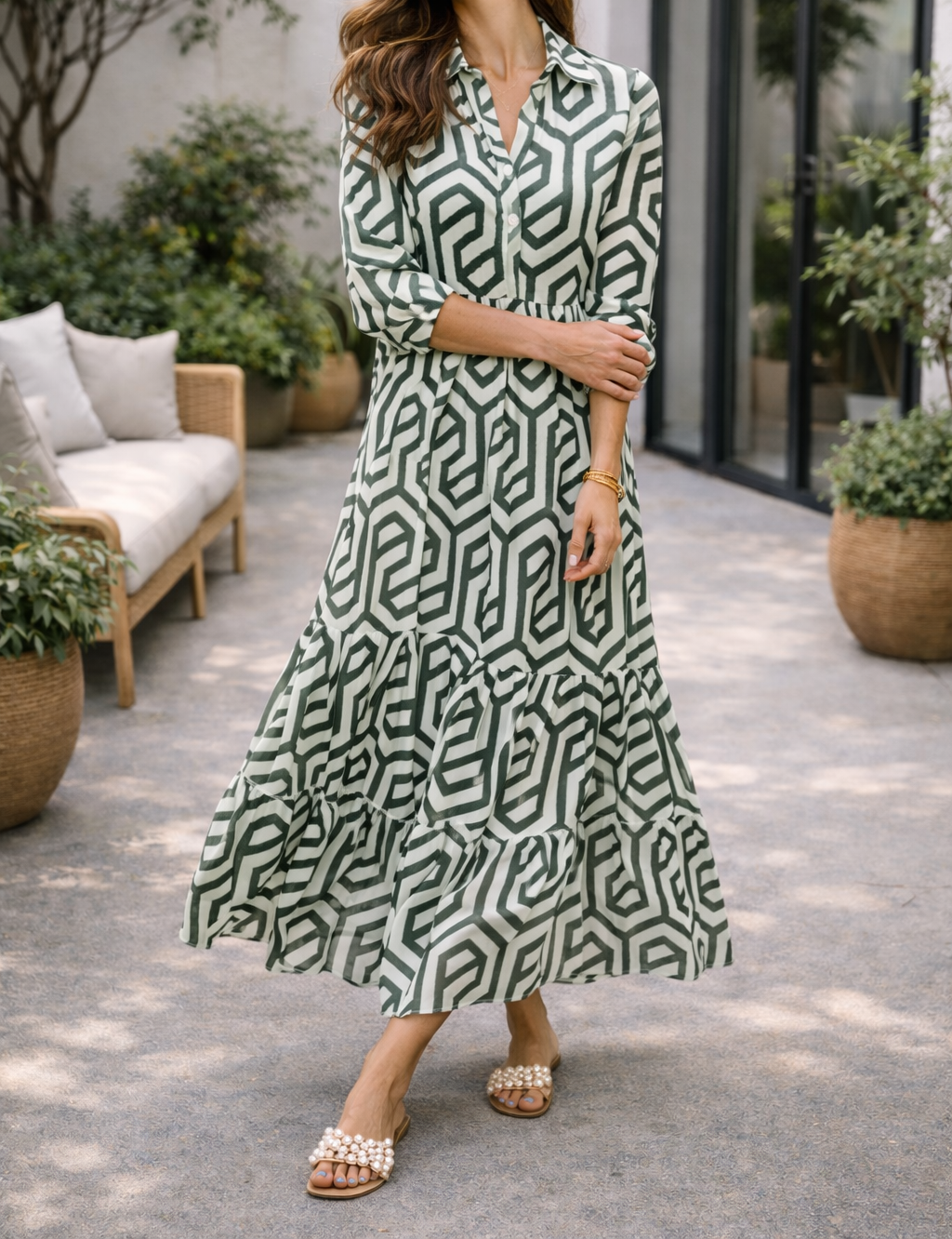 Robe longue géométrique à manches longues pour femme – Style fluide, élégant et décontracté
