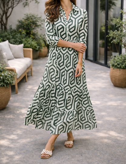 Robe longue géométrique à manches longues pour femme – Style fluide, élégant et décontracté