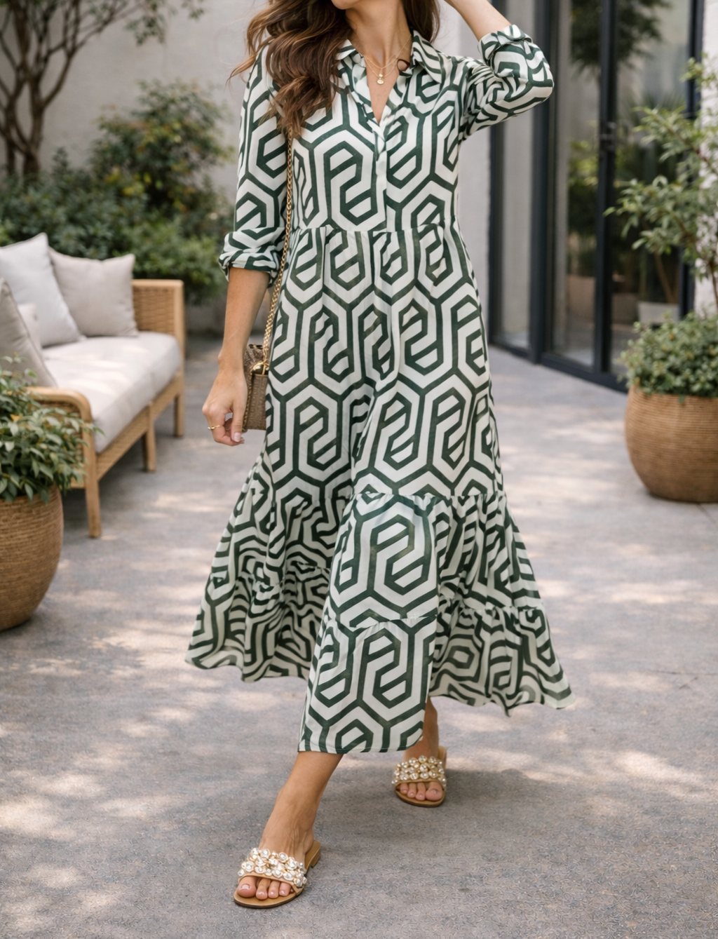 Robe longue géométrique à manches longues pour femme – Style fluide, élégant et décontracté