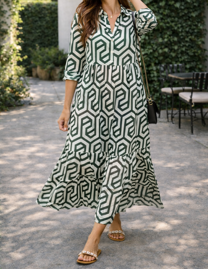 Robe longue géométrique à manches longues pour femme – Style fluide, élégant et décontracté