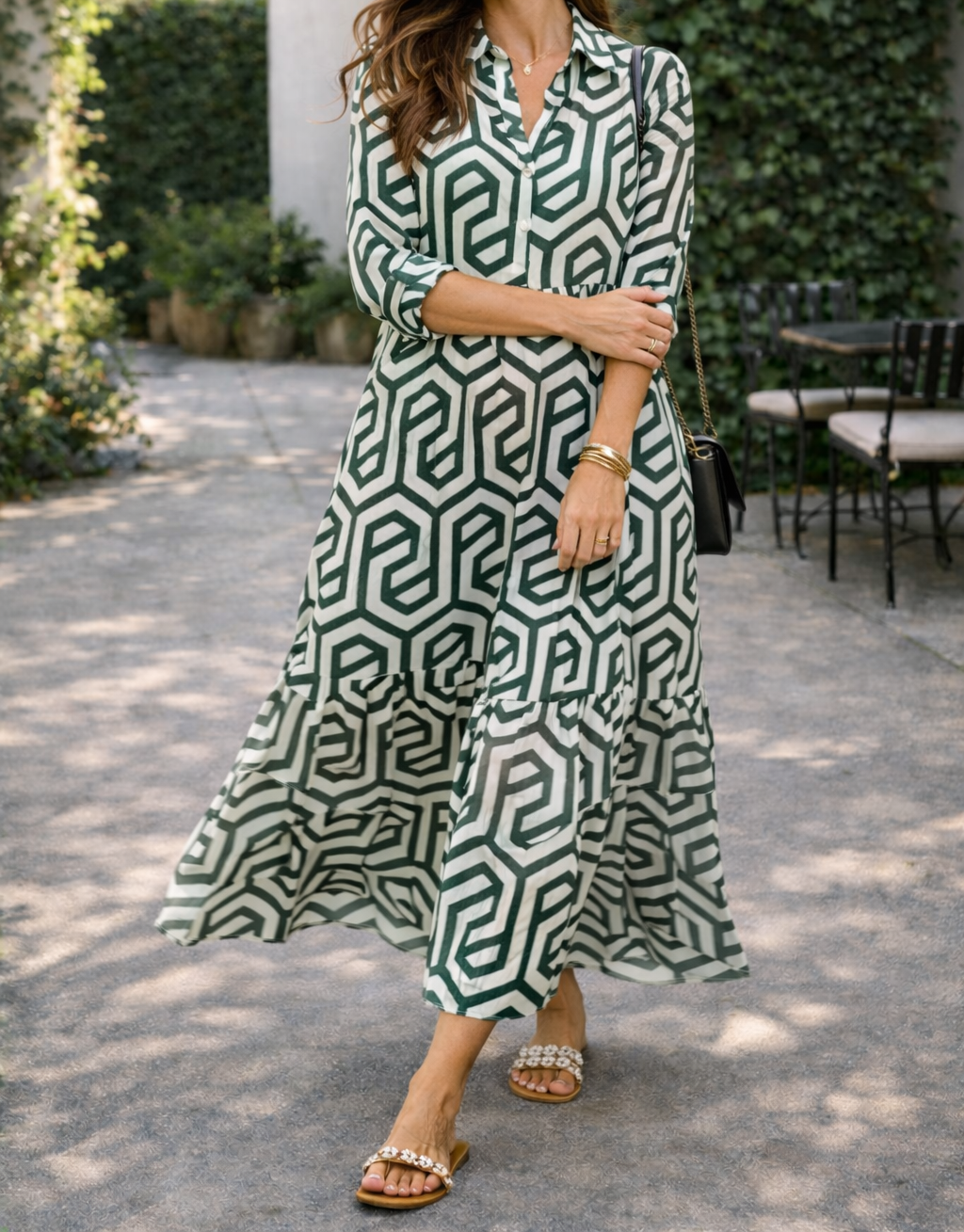 Robe longue géométrique à manches longues pour femme – Style fluide, élégant et décontracté