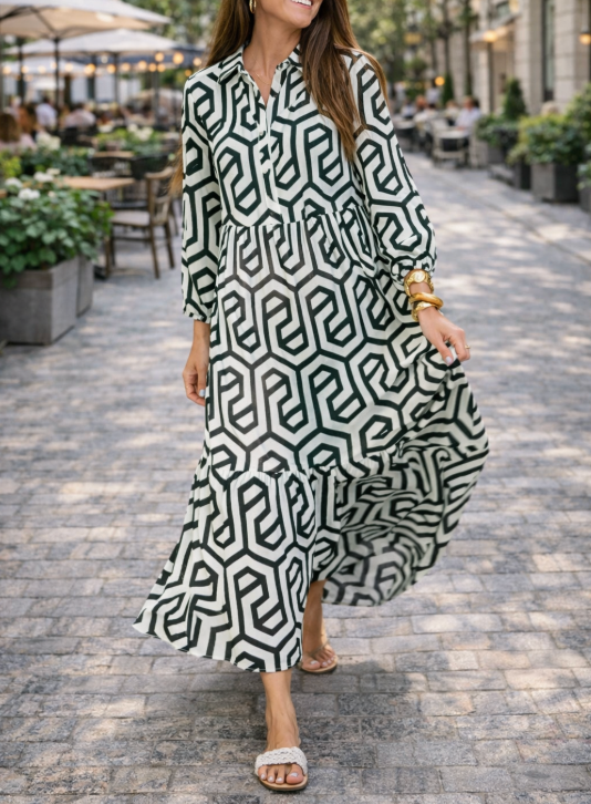Robe longue géométrique à manches longues pour femme – Style fluide, élégant et décontracté