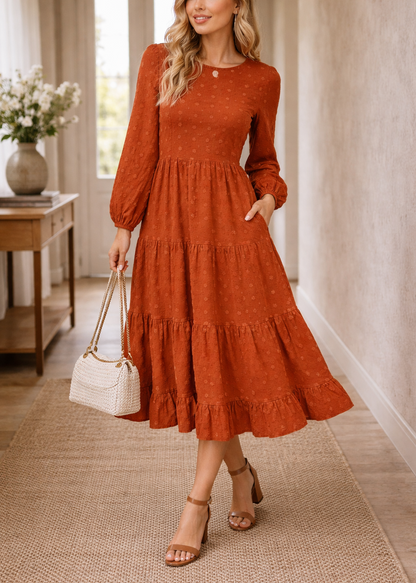 Robe longue maxi à col rond pour femme – Fluide, élégante et décontractée, style quotidien