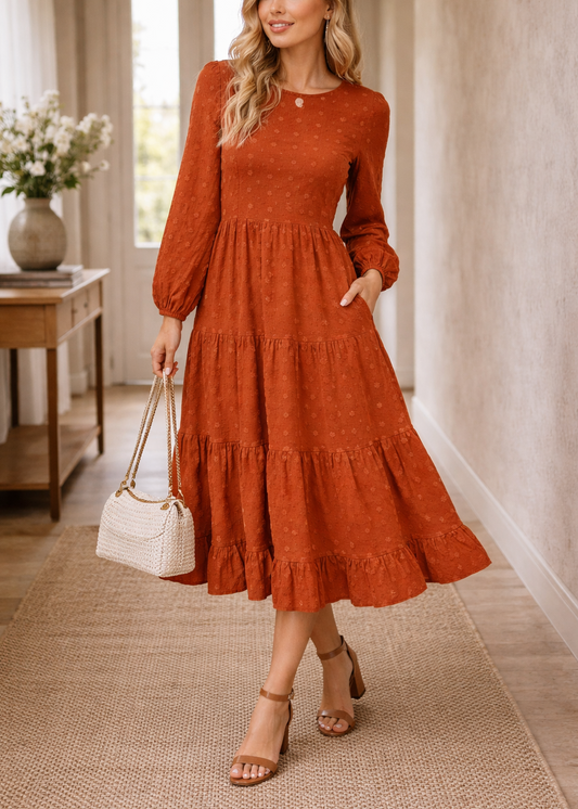 Robe longue maxi à col rond pour femme – Fluide, élégante et décontractée, style quotidien
