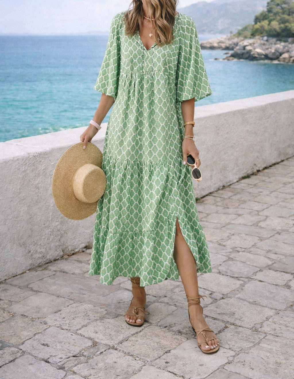 Robe longue à col en V pour femme – Fluide, élégante et décontractée, style festif