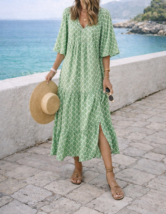 Robe longue à col en V pour femme – Fluide, élégante et décontractée, style festif