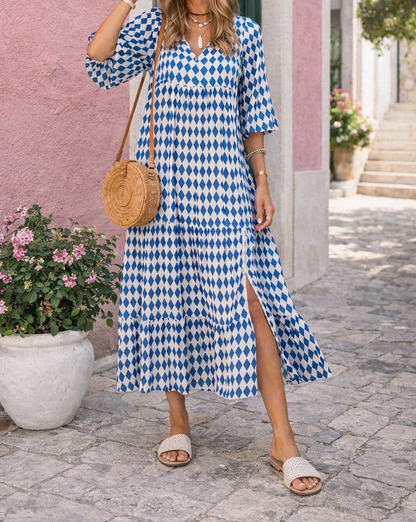 Robe longue à col en V pour femme – Fluide, élégante et décontractée, style festif