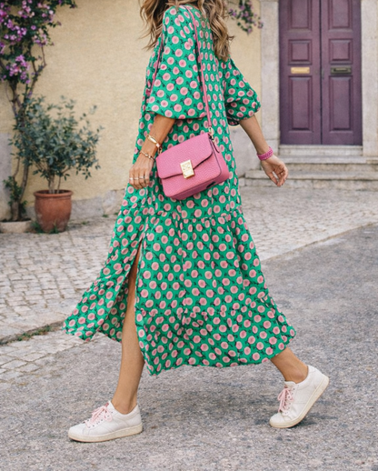 Robe longue à col en V pour femme – Fluide, élégante et décontractée, style festif