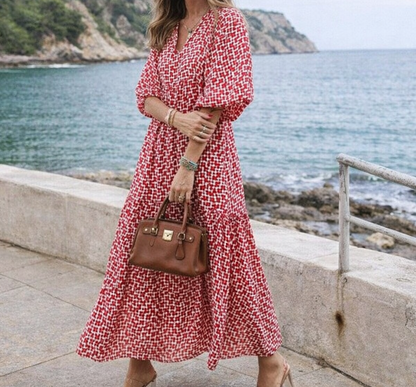Robe longue à col en V pour femme – Fluide, élégante et décontractée, style festif