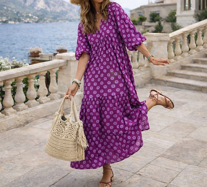 Robe longue à col en V pour femme – Fluide, élégante et décontractée, style festif