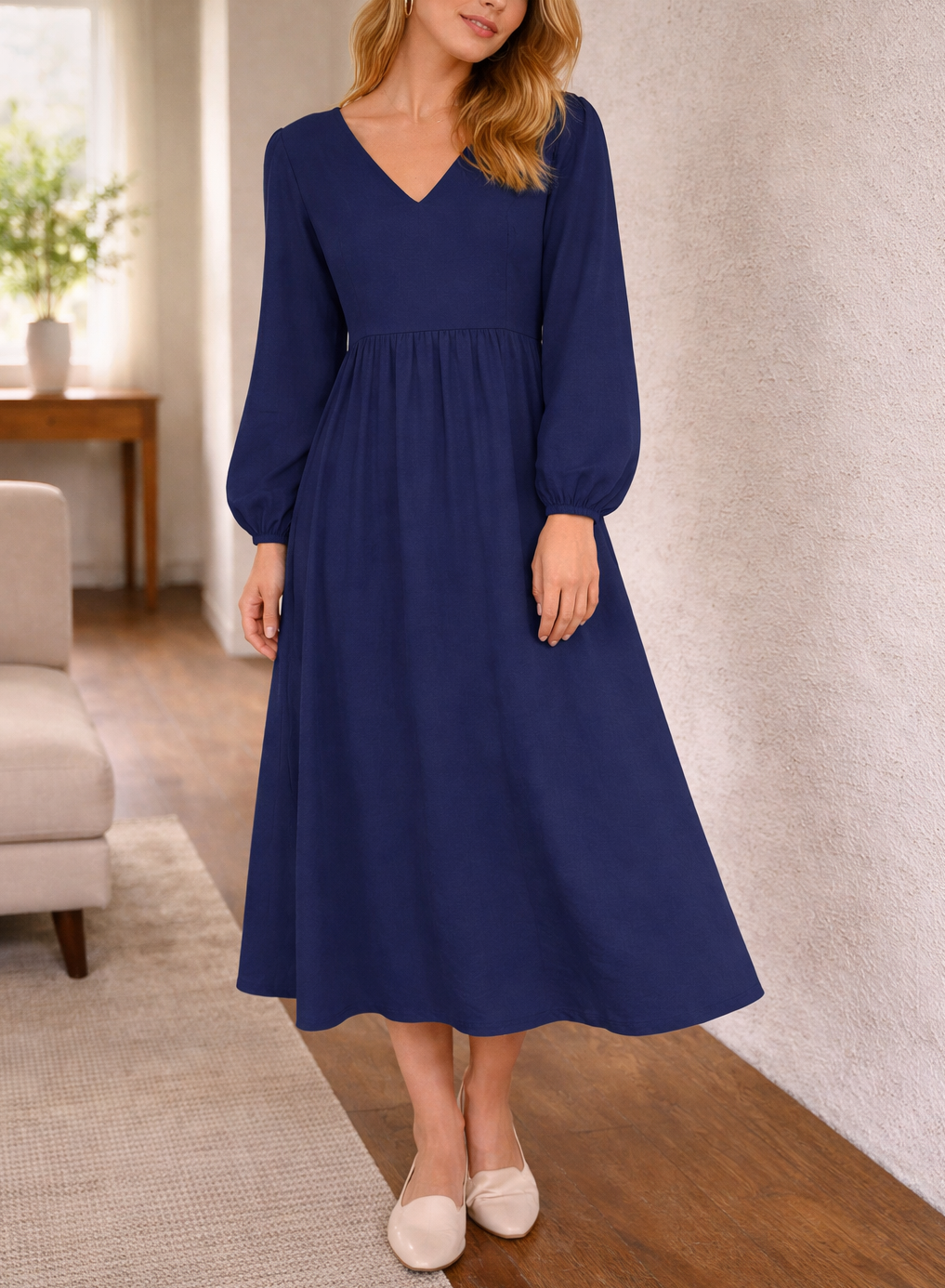 Robe midi à col V pour femme – Style chic, élégant et décontracté au quotidien