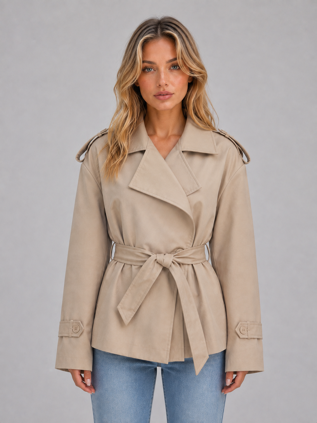 Trench court femme croise avec ceinture - Chic et elegant