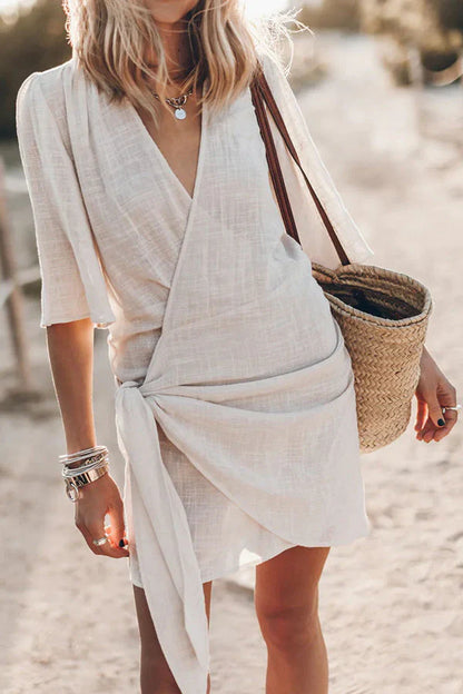 Robe portefeuille courte pour femme – Taille nouée, manches courtes, style décontracté chic estival