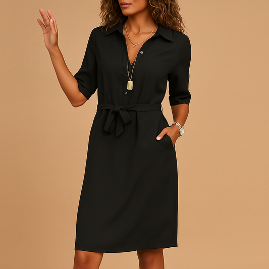 Robe chemise midi femme – Col tailleur et taille nouée