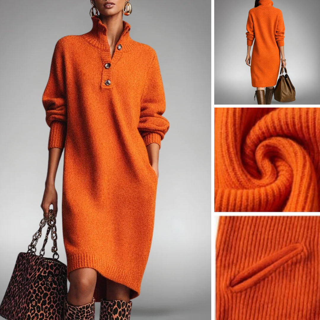 Robe Midi Tricotée Col Montant Détendue Femme – Robe Pull avec Poches