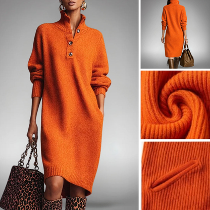 Robe Midi Tricotée Col Montant Détendue Femme – Robe Pull avec Poches