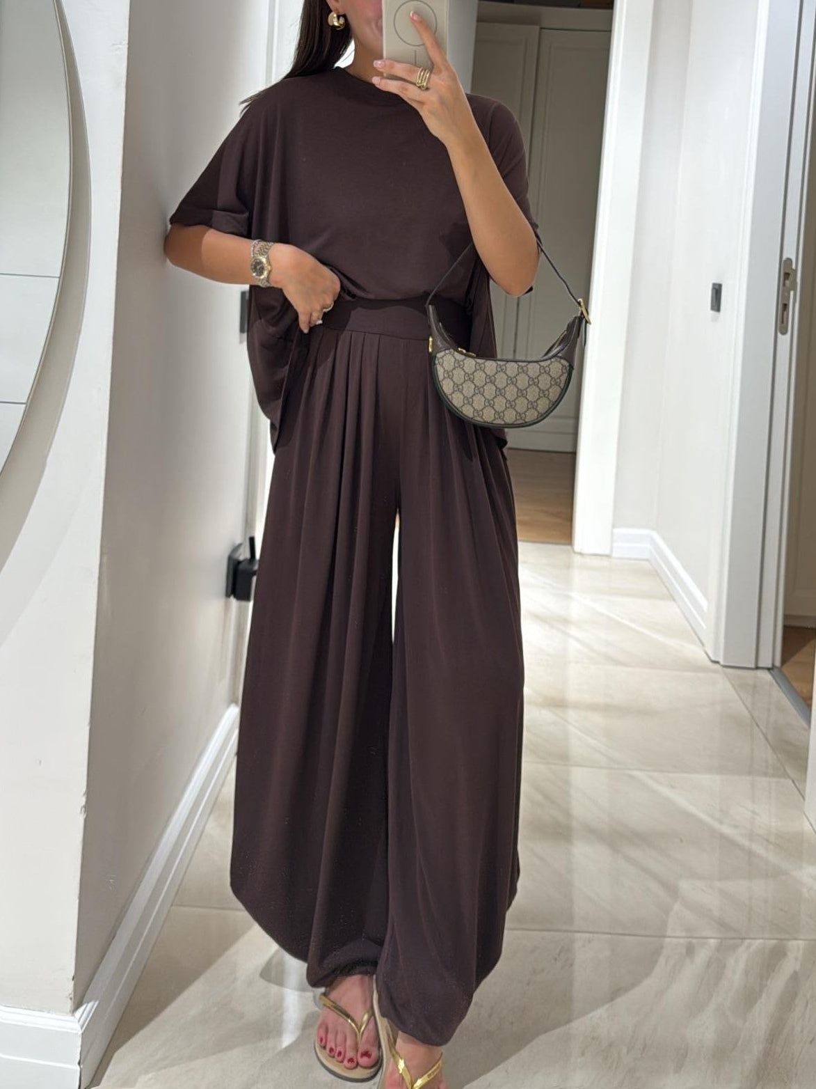 Ensemble Deux-Pièces Femme Gris Clair – Haut Décontracté et Pantalon Large Confortable