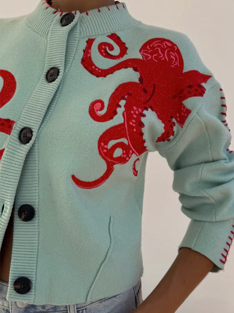 Women’s Knitted Cardigan with Octopus Pattern – Cozy, Original Casual Style
