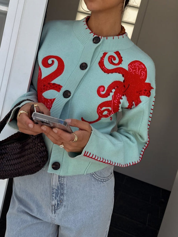 Women’s Knitted Cardigan with Octopus Pattern – Cozy, Original Casual Style