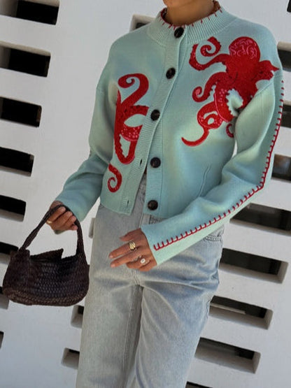 Women’s Knitted Cardigan with Octopus Pattern – Cozy, Original Casual Style