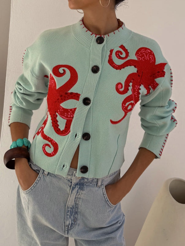 Women’s Knitted Cardigan with Octopus Pattern – Cozy, Original Casual Style
