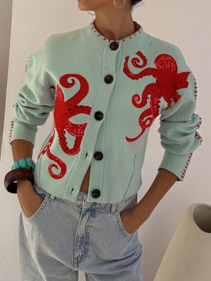 Women’s Knitted Cardigan with Octopus Pattern – Cozy, Original Casual Style