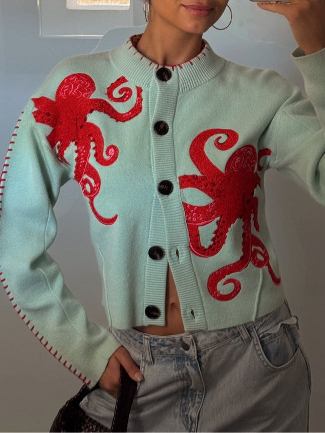 Women’s Knitted Cardigan with Octopus Pattern – Cozy, Original Casual Style