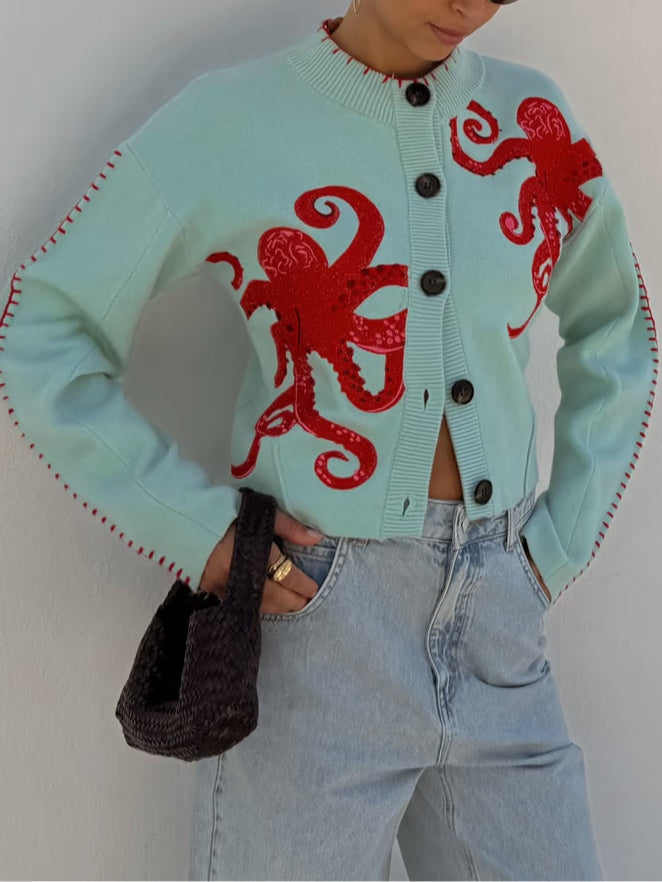 Women’s Knitted Cardigan with Octopus Pattern – Cozy, Original Casual Style