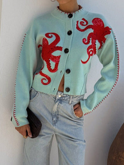 Women’s Knitted Cardigan with Octopus Pattern – Cozy, Original Casual Style