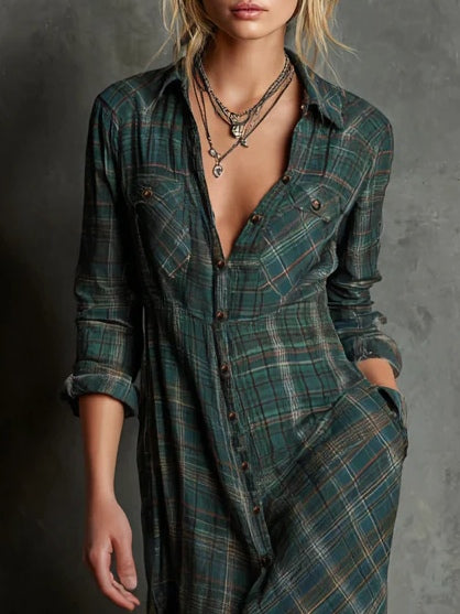 Robe Maxi Femme à Carreaux Verts Boutonnée – Robe Longue Élégante et Confortable