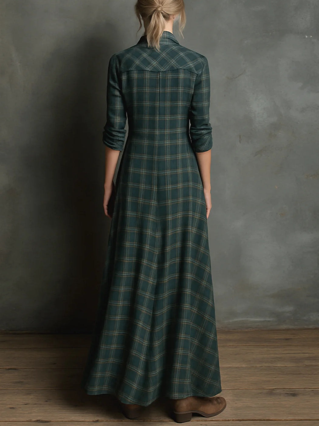 Robe Maxi Femme à Carreaux Verts Boutonnée – Robe Longue Élégante et Confortable