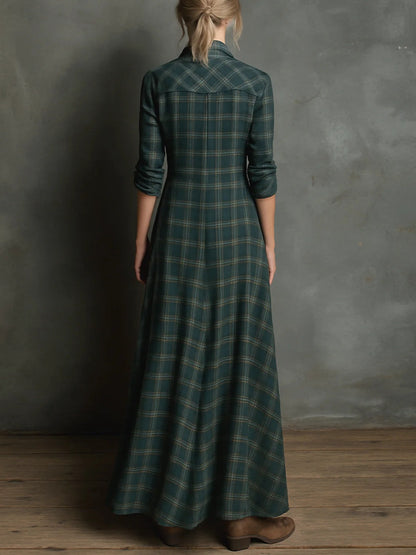 Robe Maxi Femme à Carreaux Verts Boutonnée – Robe Longue Élégante et Confortable