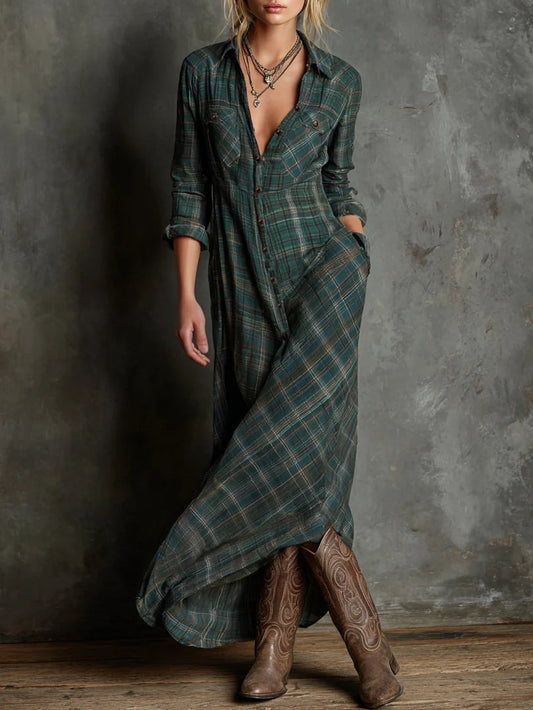 Long Green Checkered Dress for Women with Buttons – Elegant and Comfortable Long Dress