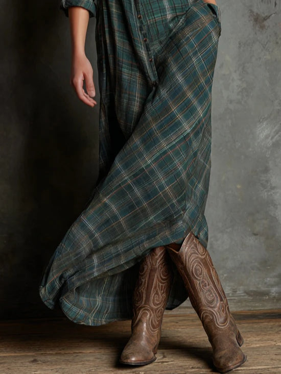 Robe Maxi Femme à Carreaux Verts Boutonnée – Robe Longue Élégante et Confortable