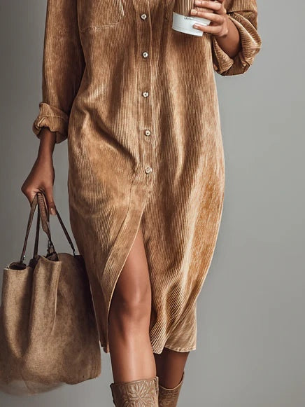 Robe Midi Décontractée en Velours Côtelé Femme – Robe Chemise Confortable et Stylée