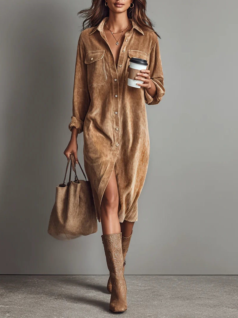 Robe Midi Décontractée en Velours Côtelé Femme – Robe Chemise Confortable et Stylée