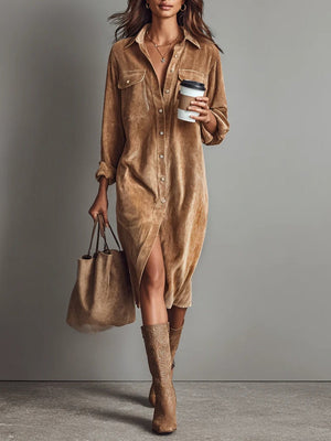 Casual Mid-Length Dress in Ribbed Velvet for Women – Comfortable and Stylish Shirt Dress