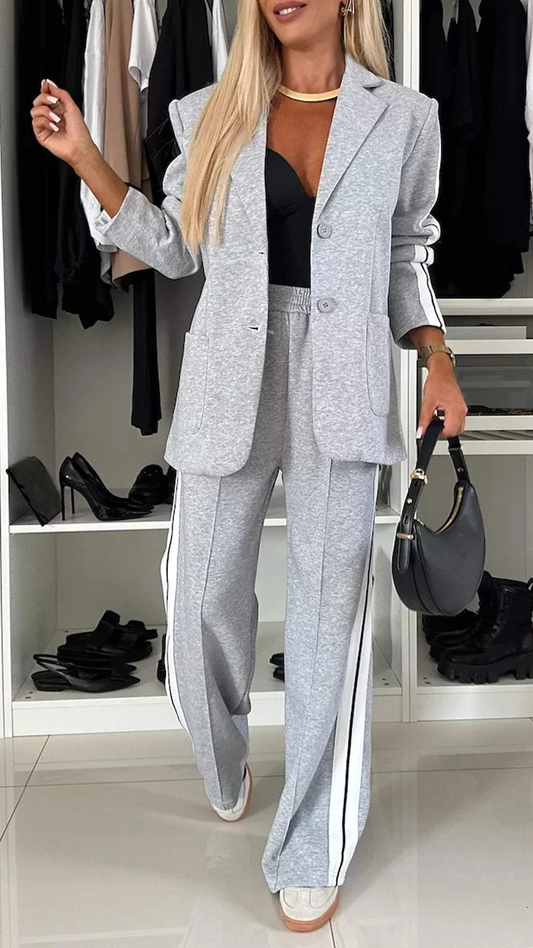 Casual Single-Button Set for Women – Loose Striped Jacket and Wide Pants